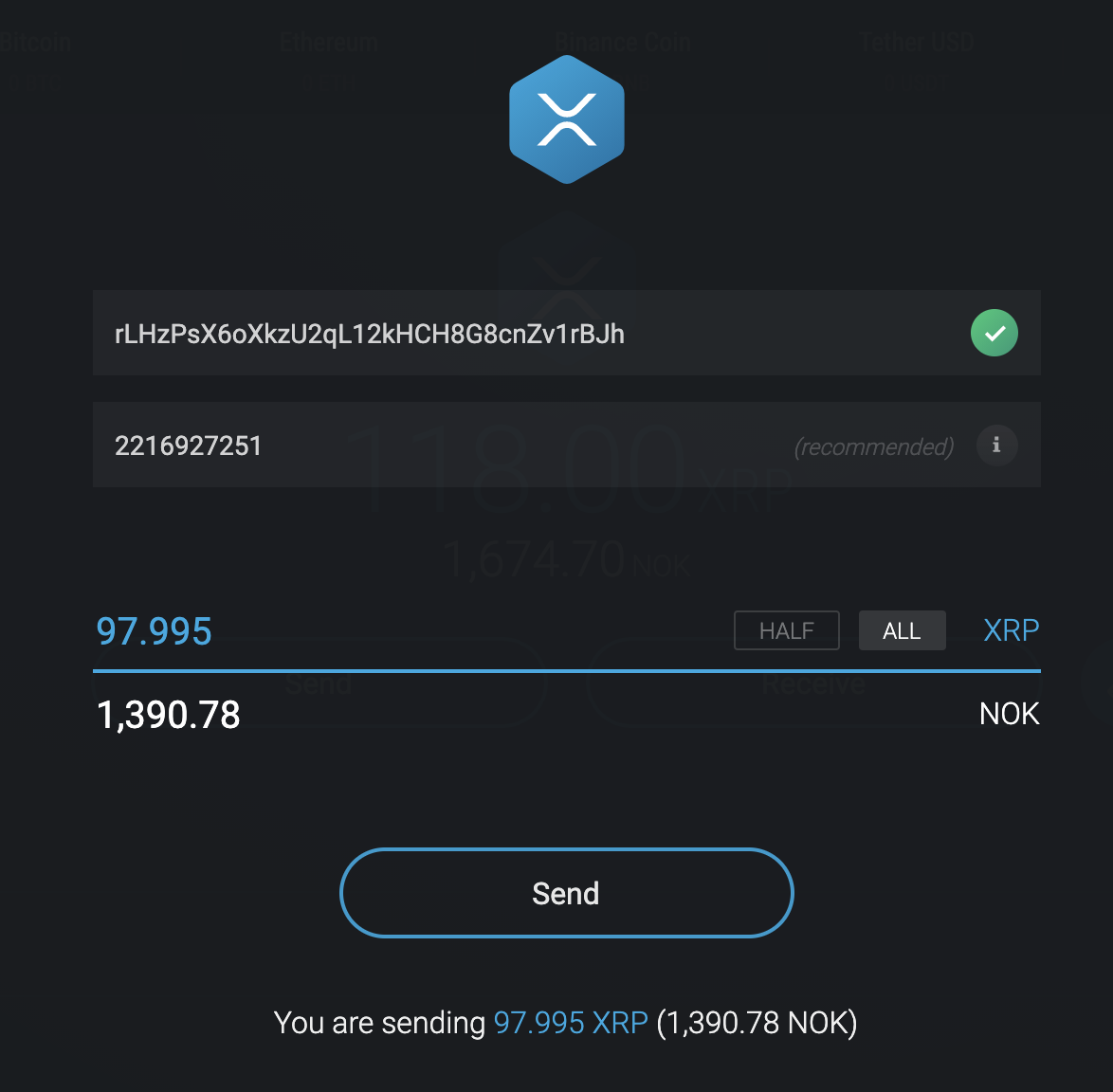Exodus send XRP to BiA