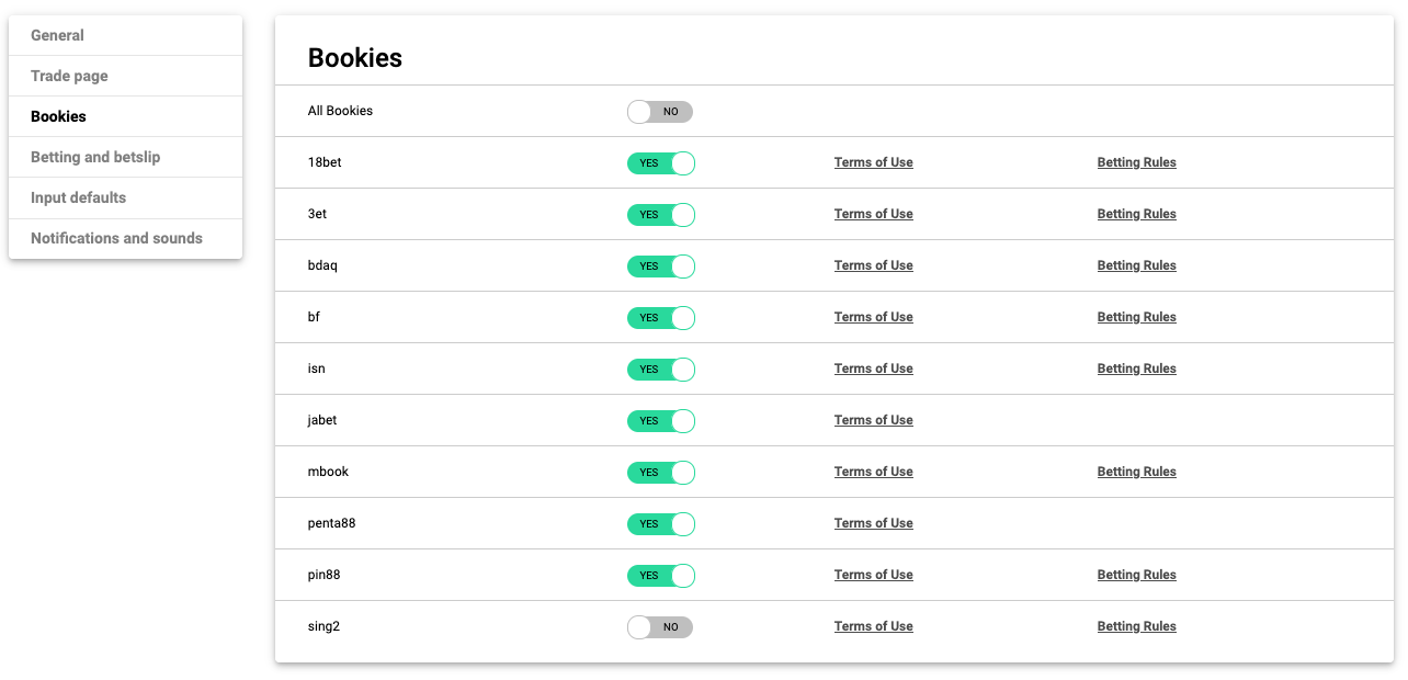 Innstillinger bookies